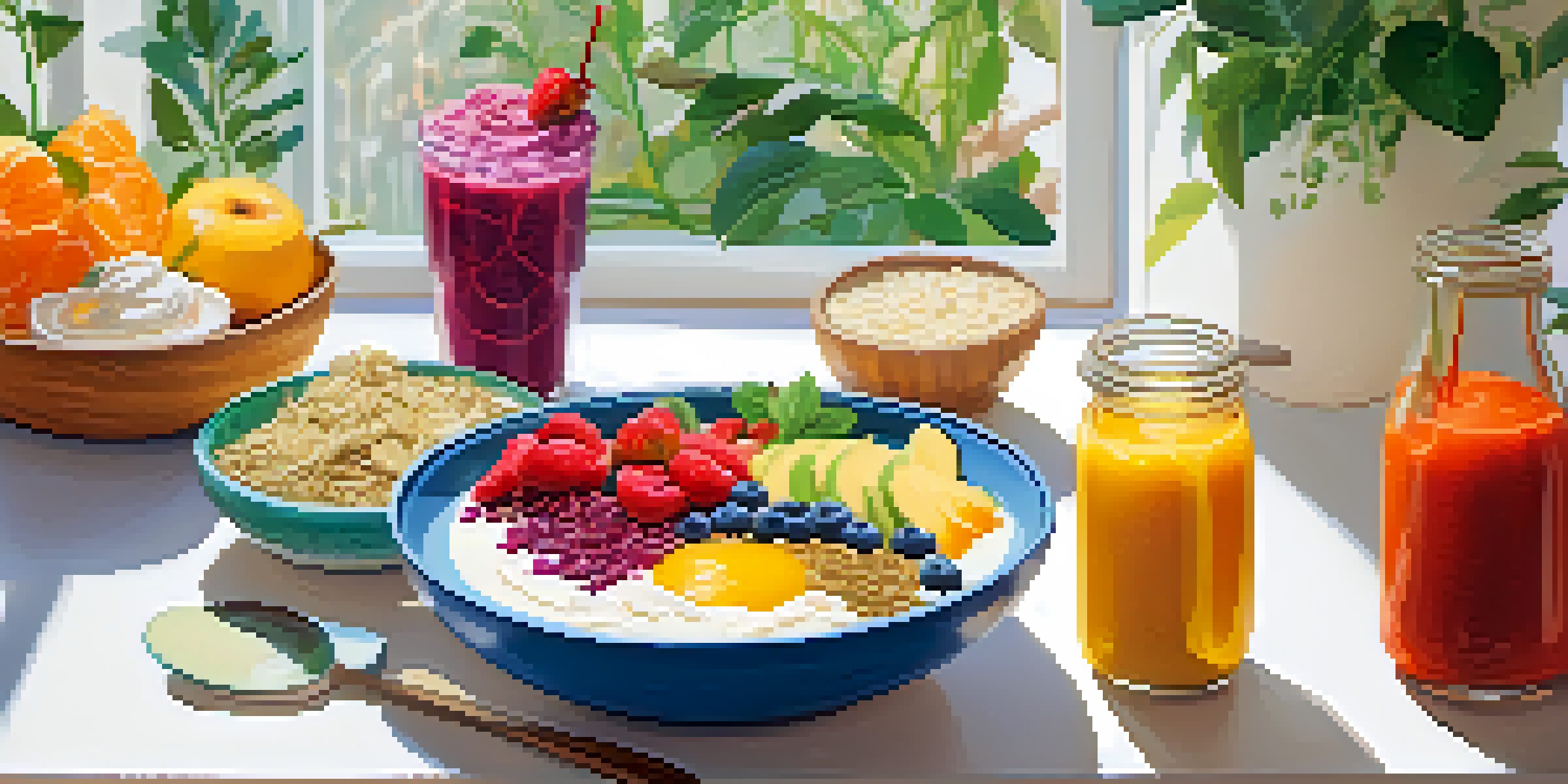 A visually appealing breakfast table with a smoothie bowl, jars of kombucha, and plates of fermented vegetables in a sunlit kitchen.