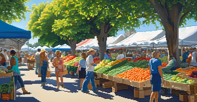 A lively farmer's market filled with colorful fruits and vegetables, with people happily shopping under a clear blue sky.