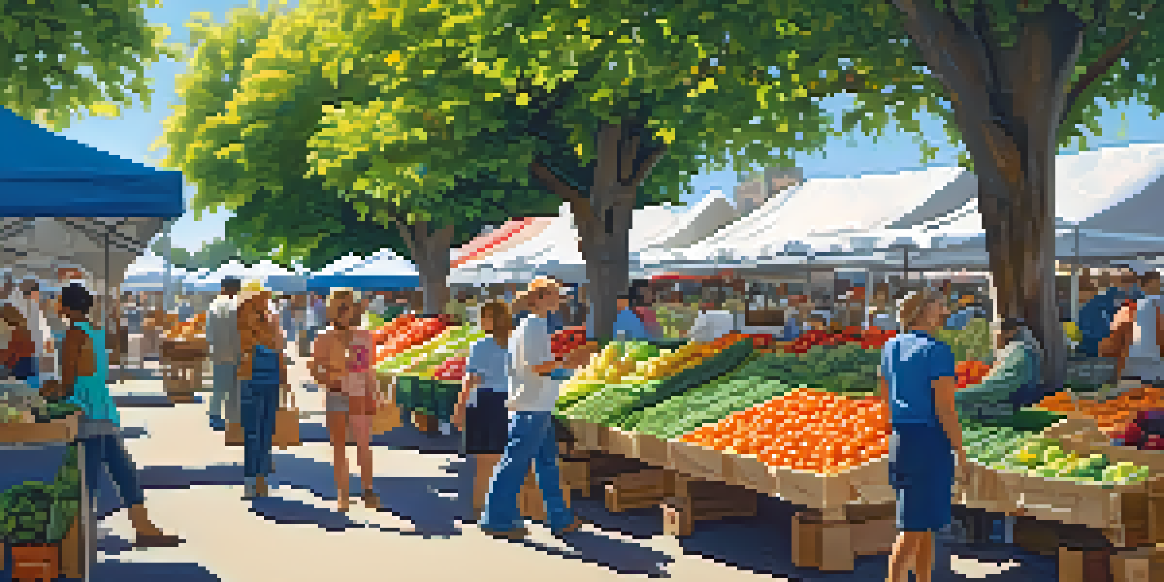 A lively farmer's market filled with colorful fruits and vegetables, with people happily shopping under a clear blue sky.