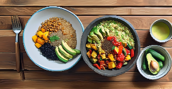A colorful grain bowl filled with quinoa, roasted vegetables, and avocado, set on a wooden table with rustic utensils.