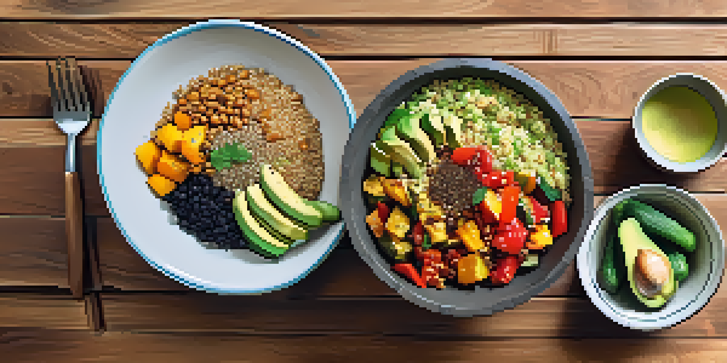 A colorful grain bowl filled with quinoa, roasted vegetables, and avocado, set on a wooden table with rustic utensils.