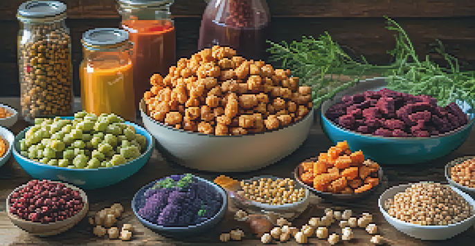 A colorful assortment of plant-based snacks on a wooden table, featuring chickpeas, apple chips, and quinoa bars, with fresh herbs and soft natural light.