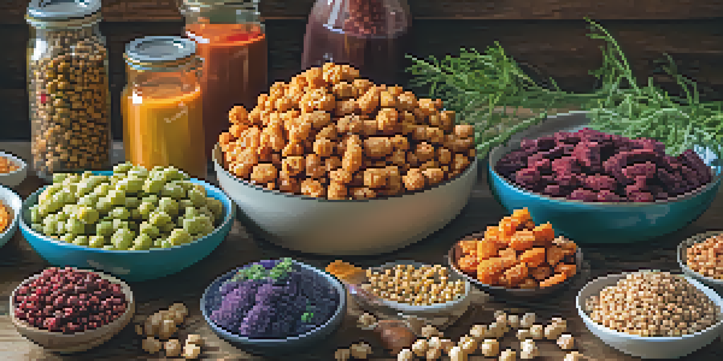 A colorful assortment of plant-based snacks on a wooden table, featuring chickpeas, apple chips, and quinoa bars, with fresh herbs and soft natural light.