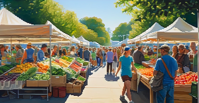 A lively farmers' market with shoppers exploring colorful stalls of fresh organic fruits and vegetables under bright sunlight.