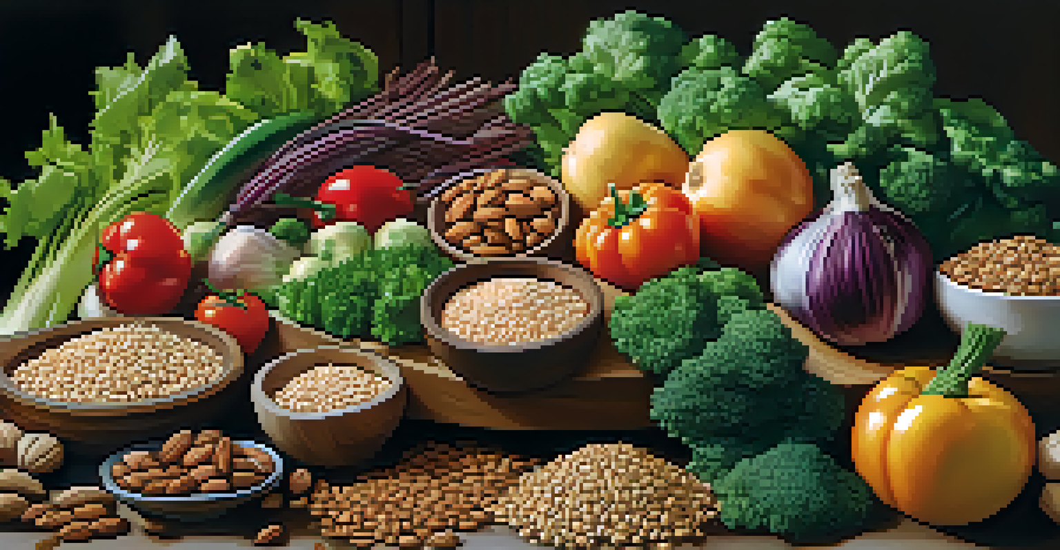 A wooden table displaying organic vegetarian ingredients like grains and fresh greens.