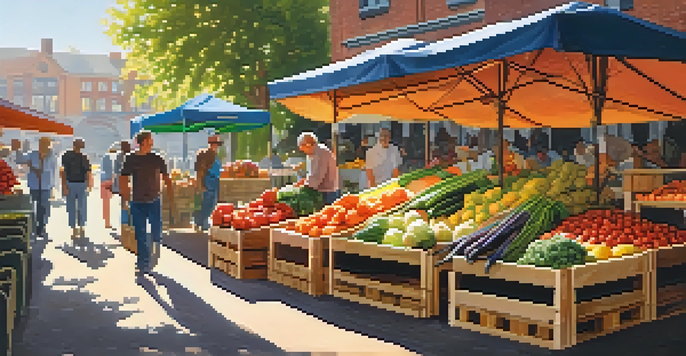 A bustling farmer's market filled with colorful seasonal vegetables and fruits, with sunlight filtering through the canopy.