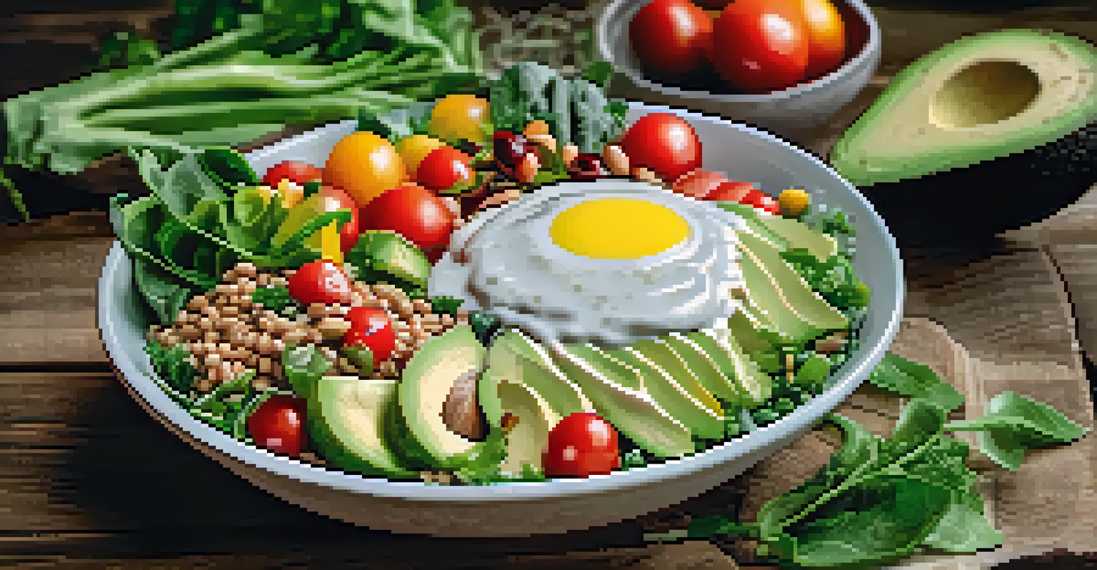 A close-up view of a nutritious Glow Bowl filled with grains and vegetables on a rustic wooden table.