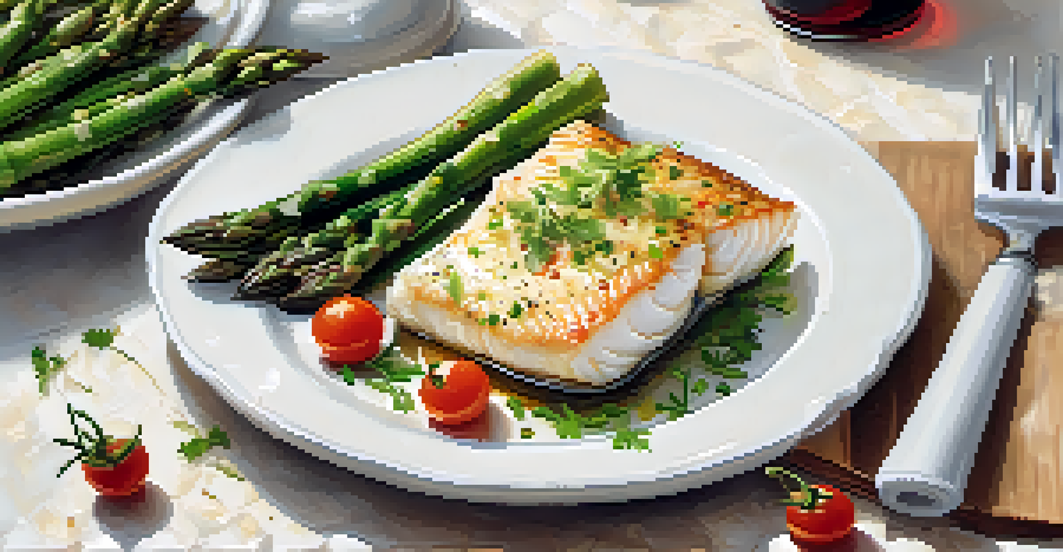 A one-pan baked cod dish with asparagus and cherry tomatoes, garnished with parsley on a white plate, set in a cozy kitchen.