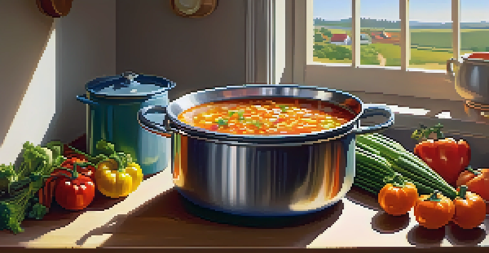 A bright kitchen with a pot of vegetable soup on the stove and colorful vegetables on the countertop, illuminated by sunlight.