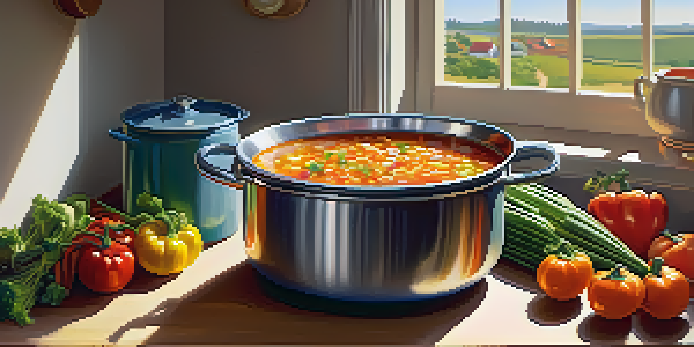 A bright kitchen with a pot of vegetable soup on the stove and colorful vegetables on the countertop, illuminated by sunlight.