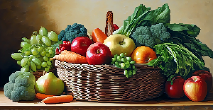 A woven basket filled with a variety of colorful fruits and vegetables on a wooden kitchen table, showcasing the textures and vibrant colors of fresh produce.