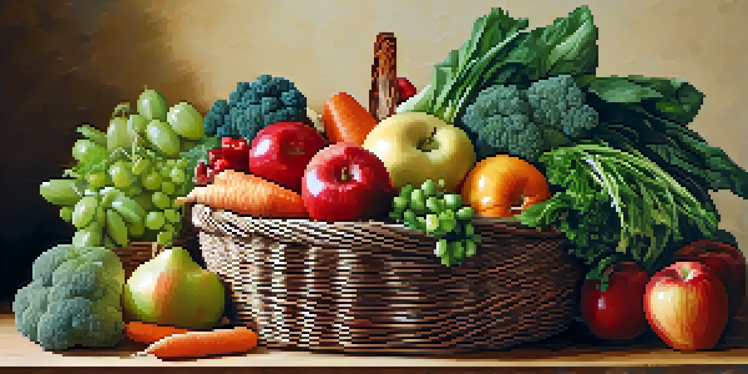 A woven basket filled with a variety of colorful fruits and vegetables on a wooden kitchen table, showcasing the textures and vibrant colors of fresh produce.