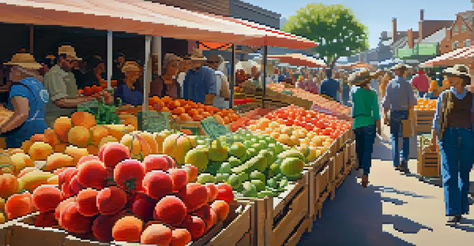 A bustling farmer's market filled with colorful seasonal fruits and vegetables, with shoppers and rustic wooden crates in a sunny setting.