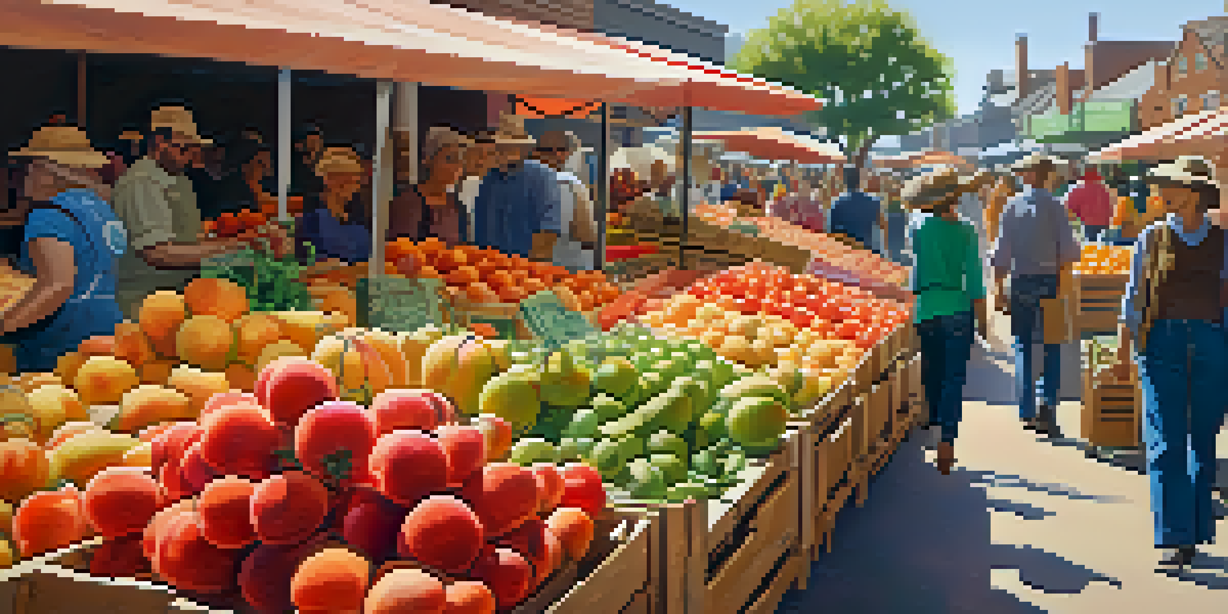 A bustling farmer's market filled with colorful seasonal fruits and vegetables, with shoppers and rustic wooden crates in a sunny setting.