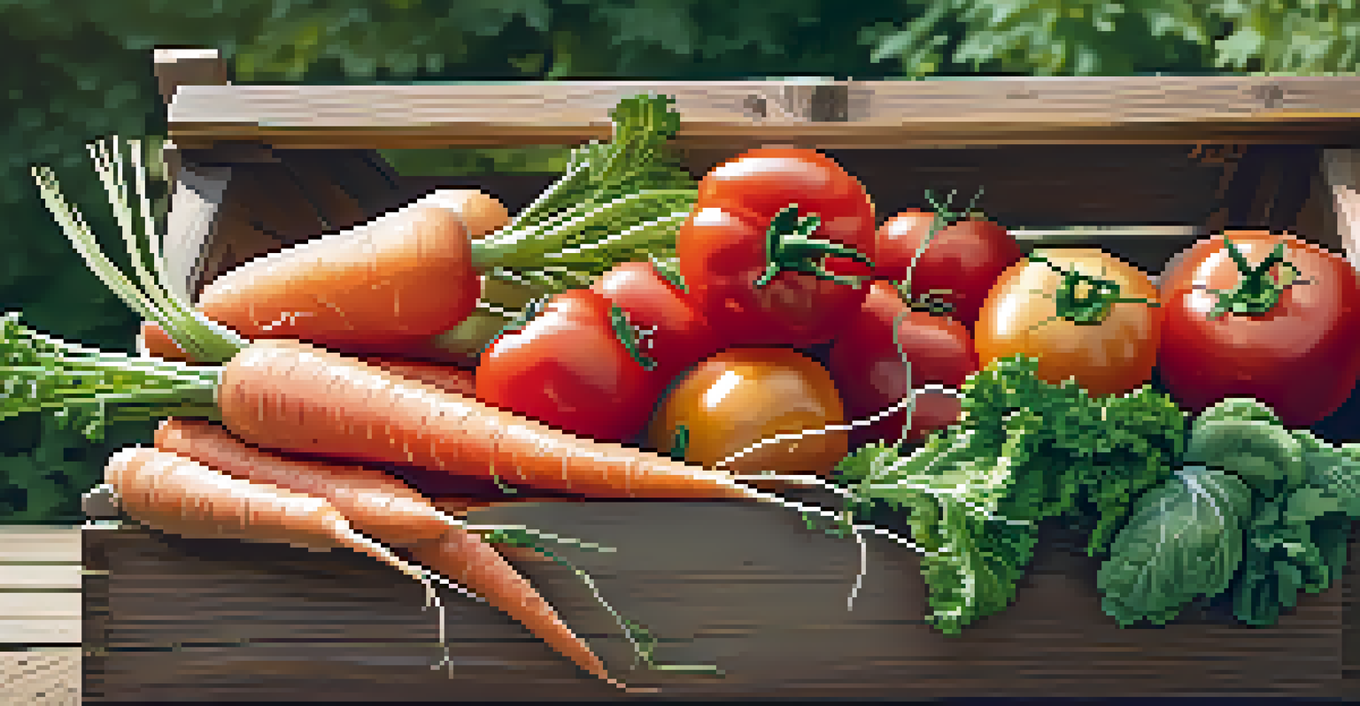 A close-up of freshly harvested organic vegetables in a wooden crate.
