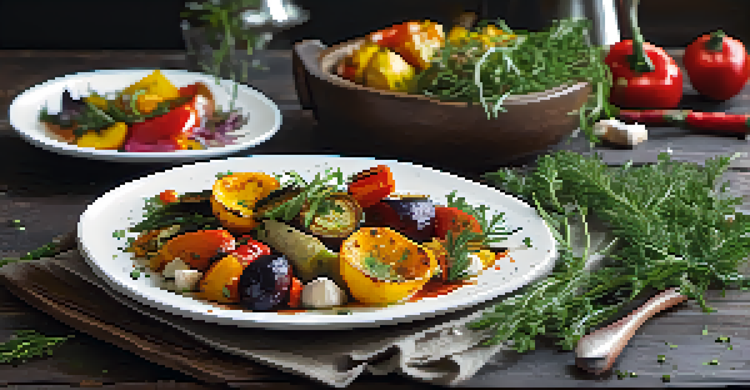 A plated vegetarian dish with roasted vegetables and fresh herbs, beautifully presented.