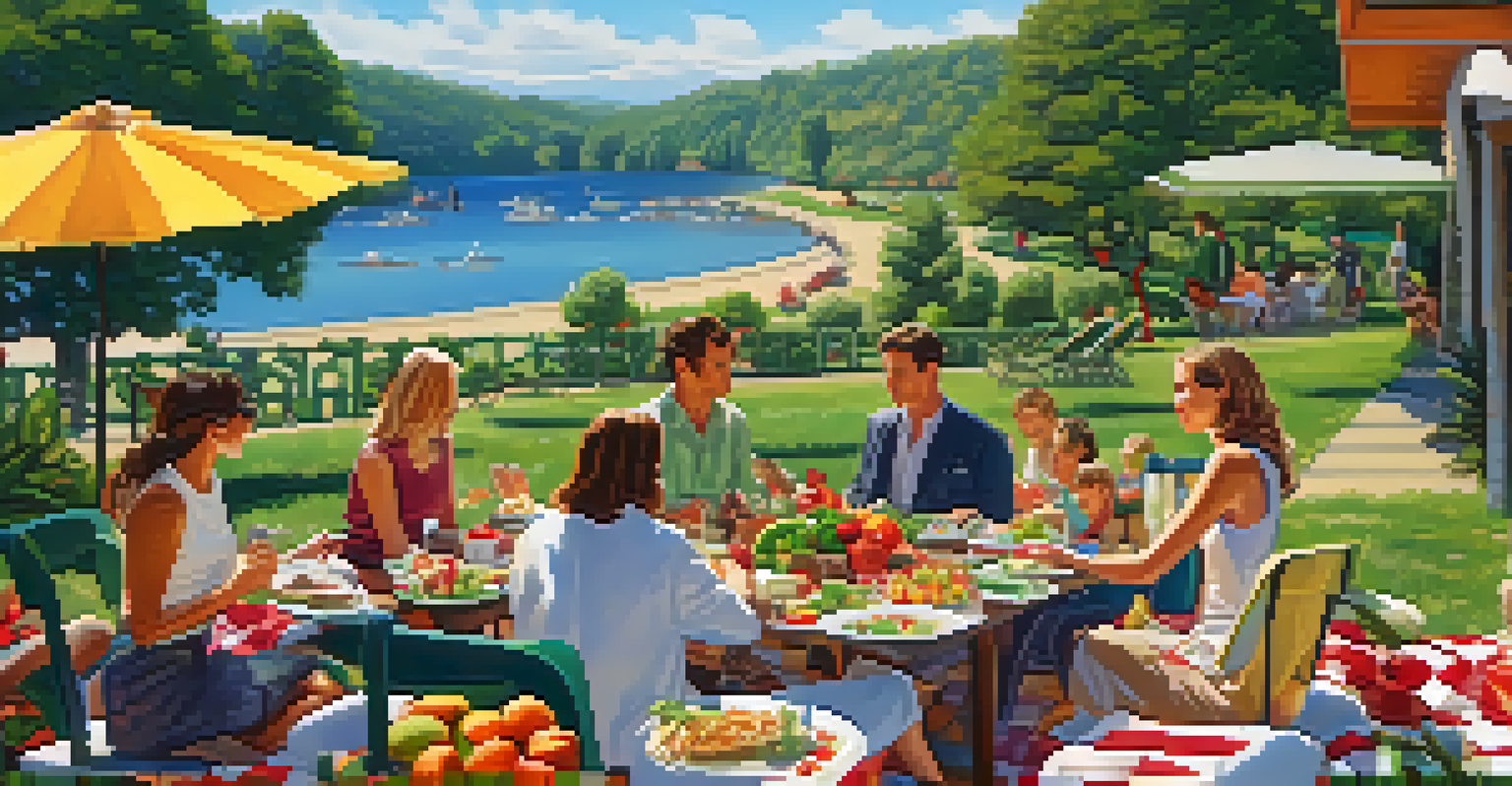 Guests enjoying a picnic with a variety of vegetarian dishes on a checkered blanket in a sunny outdoor setting.