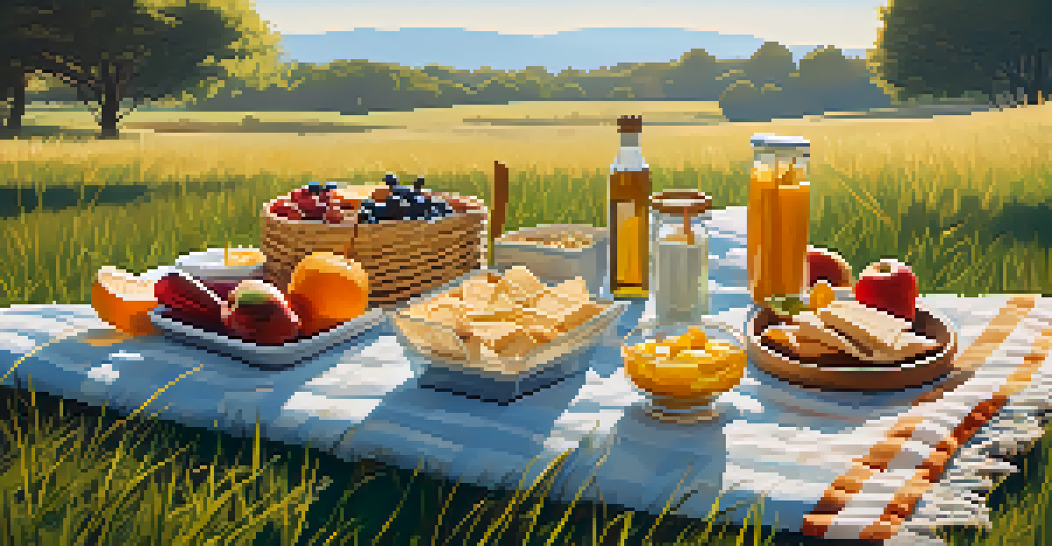 A peaceful outdoor picnic scene featuring plant-based snacks on a blanket in a grassy field during golden hour.
