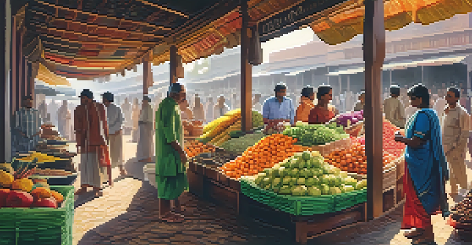A lively Indian market filled with colorful fruits, vegetables, and people shopping under sunlight.