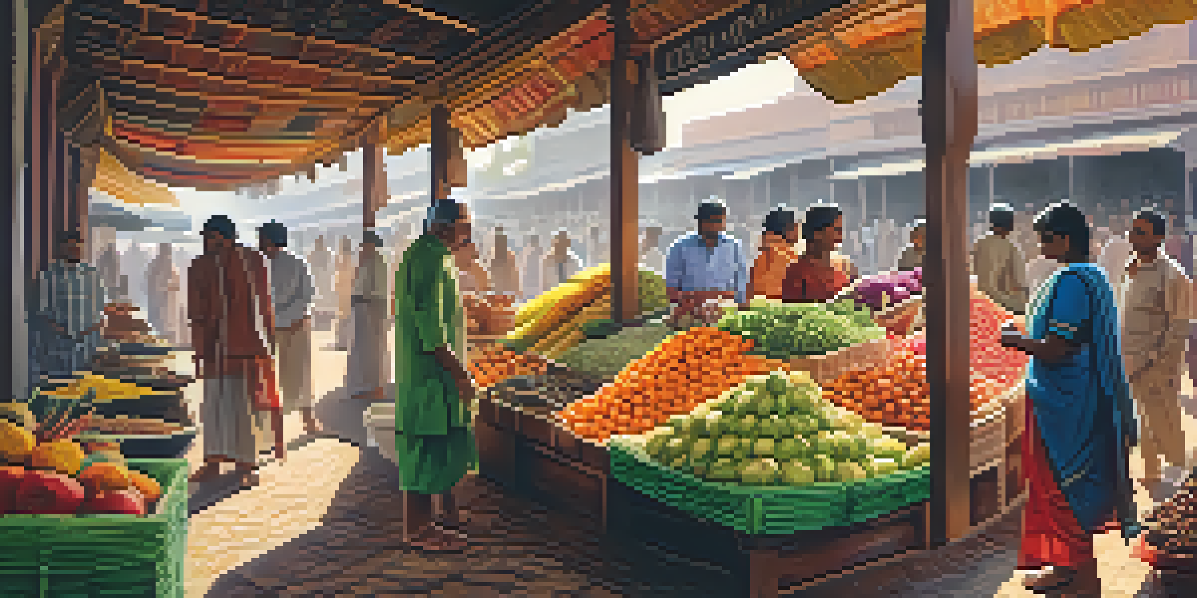 A lively Indian market filled with colorful fruits, vegetables, and people shopping under sunlight.