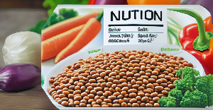 A detailed view of a nutrition label on lentils, surrounded by fresh vegetables, showcasing a healthy vegetarian diet.