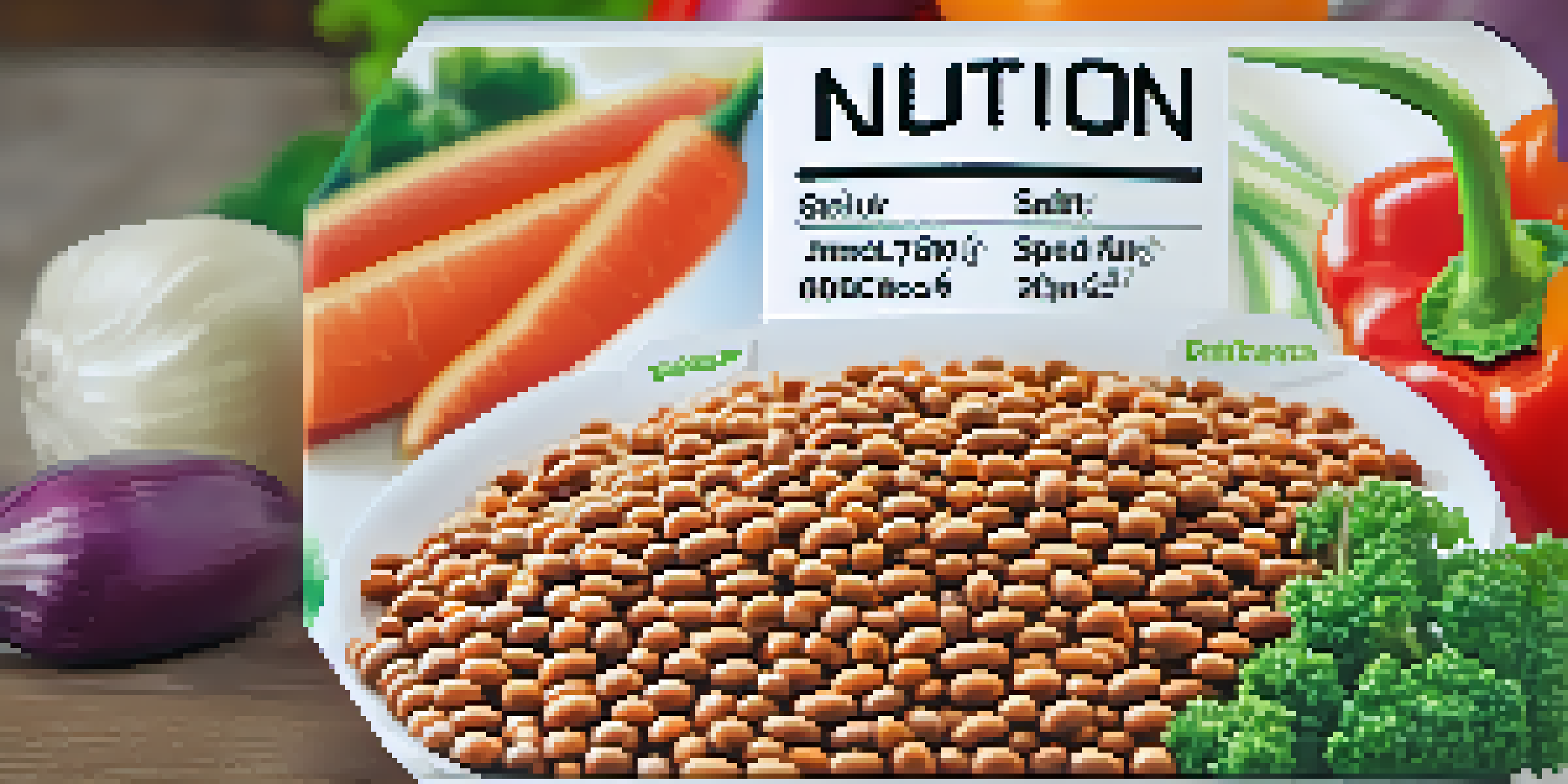 A detailed view of a nutrition label on lentils, surrounded by fresh vegetables, showcasing a healthy vegetarian diet.