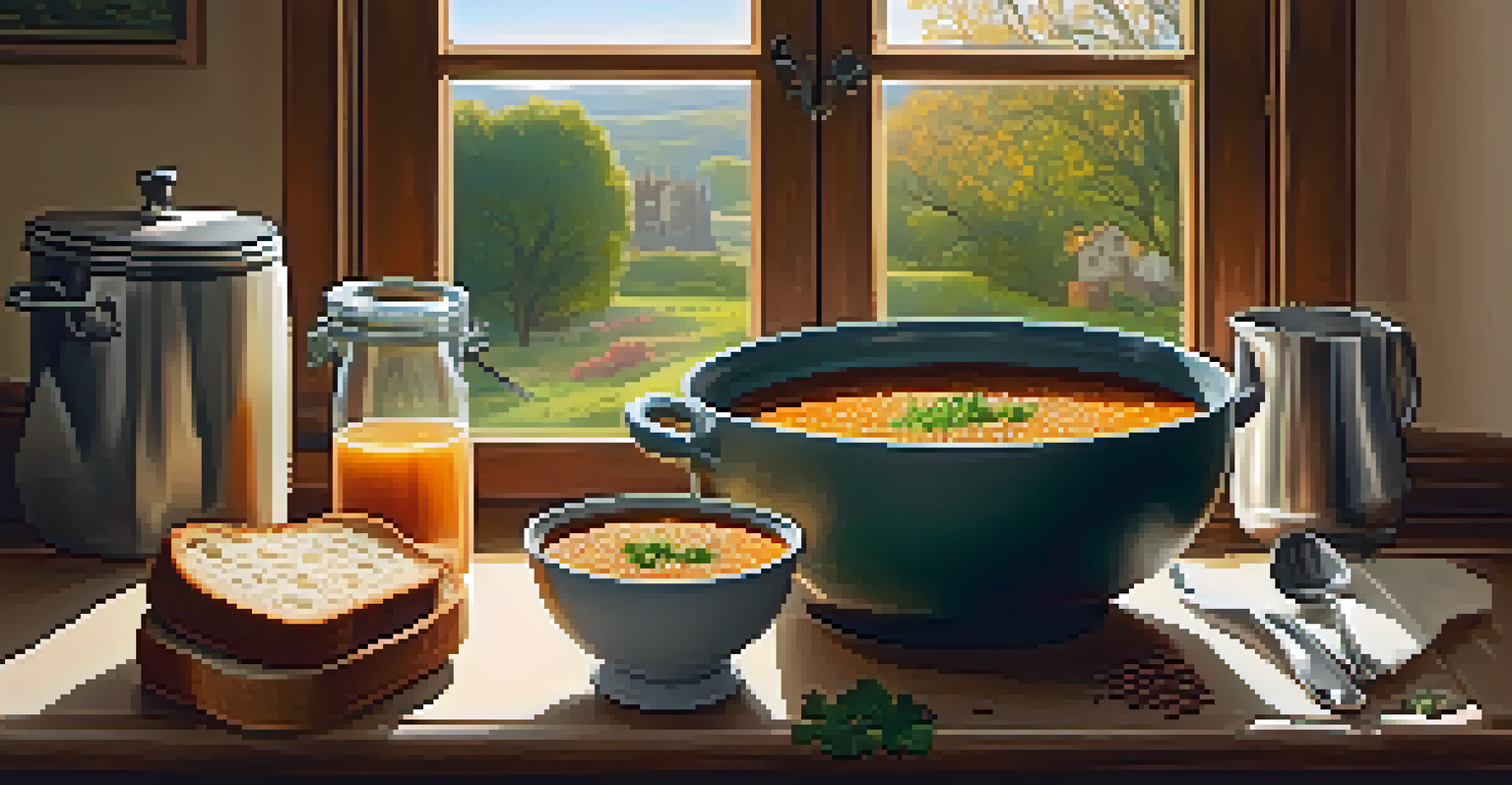 A bowl of warm lentil soup with bread, set in a cozy kitchen with warm lighting.