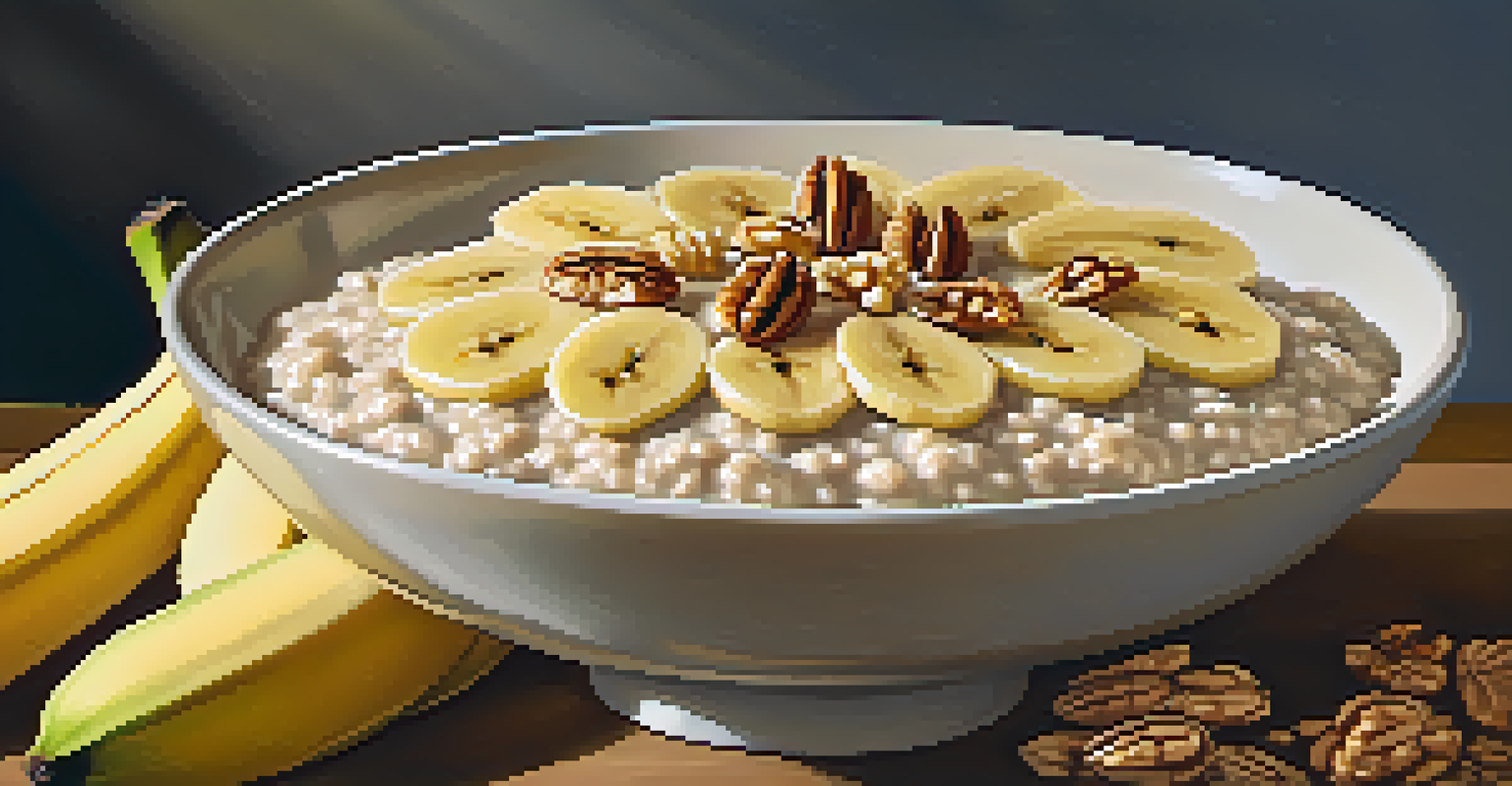 A close-up of creamy oatmeal topped with bananas, honey, and walnuts, glowing in warm light.