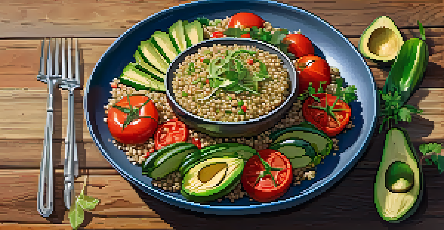 A colorful vegetarian meal with quinoa, grilled zucchini, diced tomatoes, and avocado, garnished with herbs on a rustic wooden table.