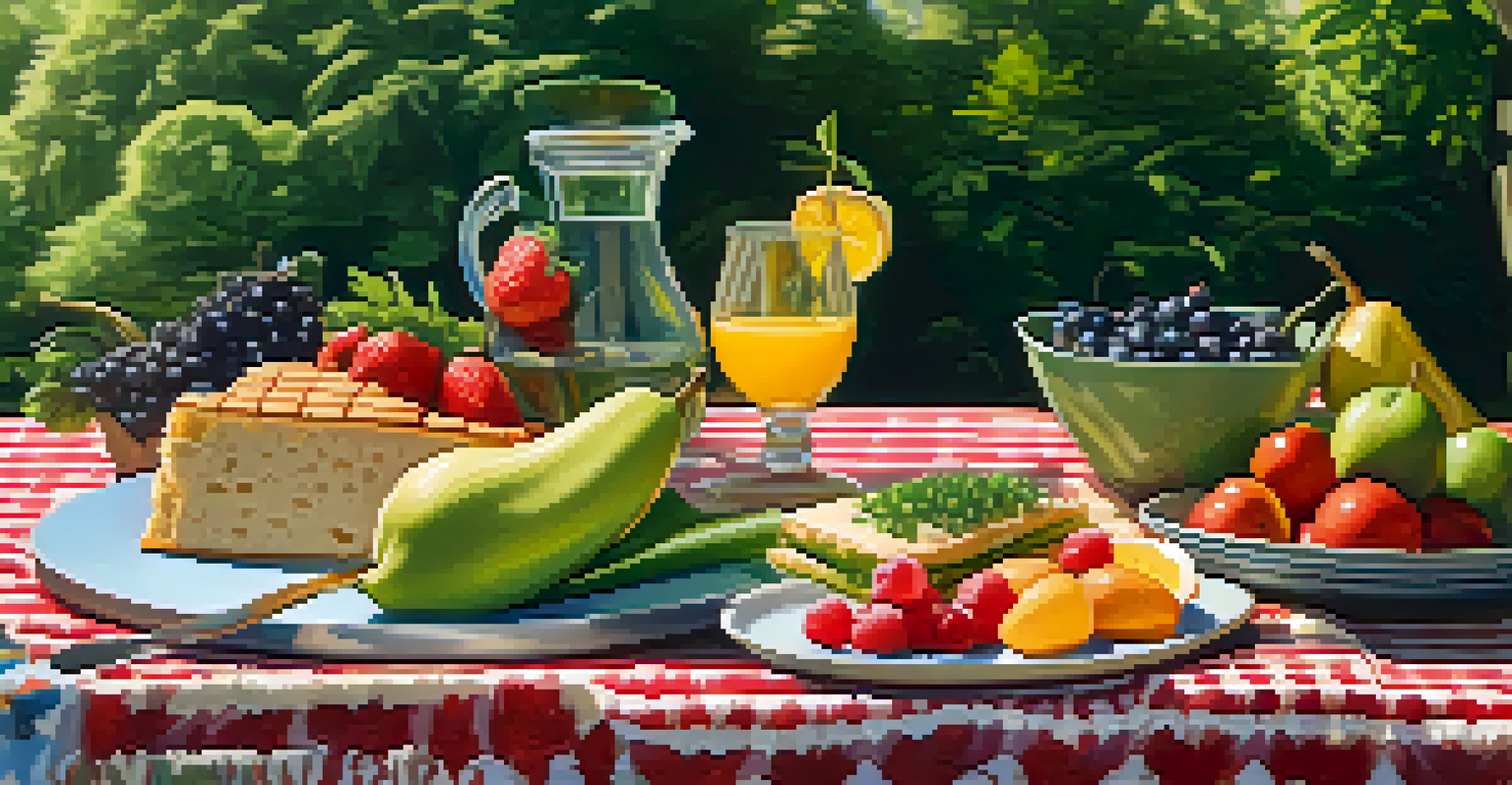 An outdoor picnic with a variety of vegan dishes on a blanket surrounded by greenery.