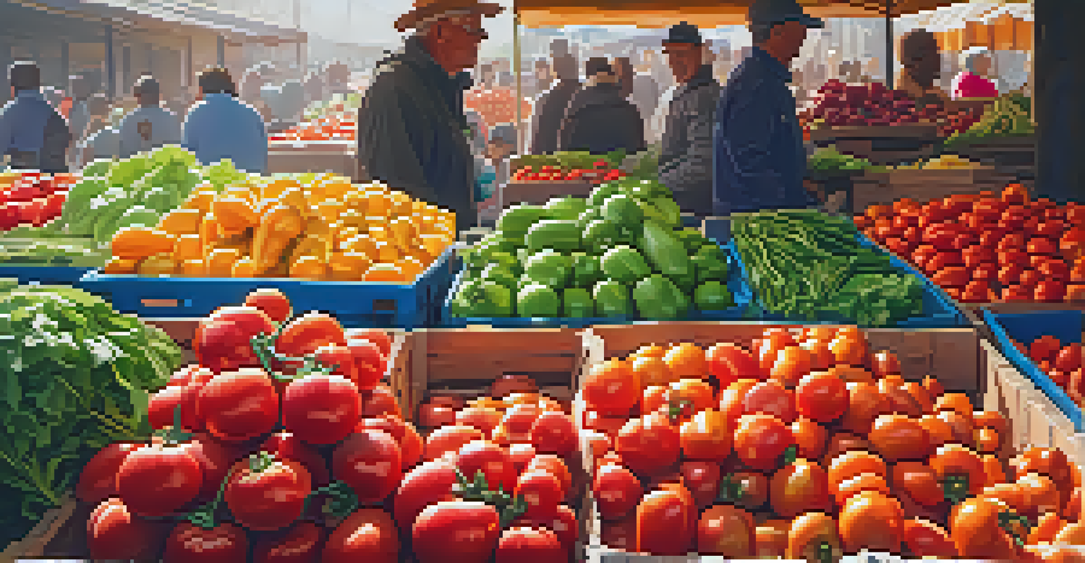 A close-up of a market stall filled with fresh vegetables like tomatoes, greens, and bell peppers, illuminated by warm sunlight.