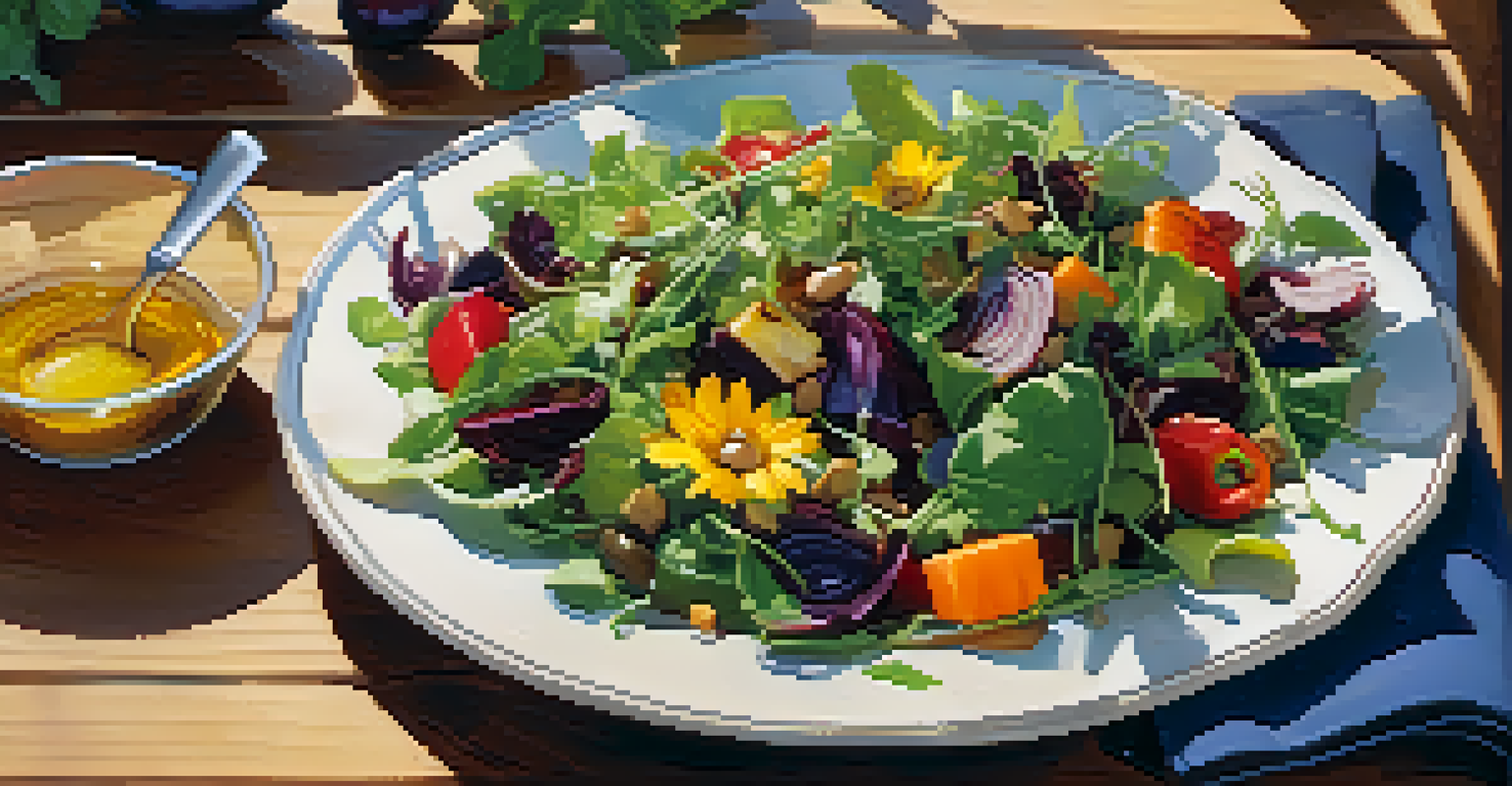 A colorful salad with mixed greens, roasted vegetables, and sunflower seeds on a wooden table, with a bowl of balsamic vinaigrette.