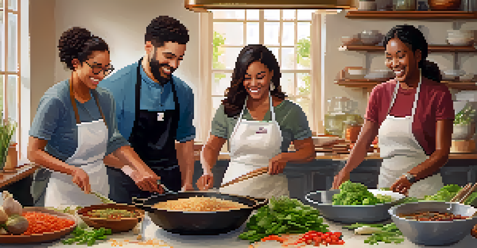 A lively vegetarian cooking class with participants enjoying the process of cooking together at a large table.