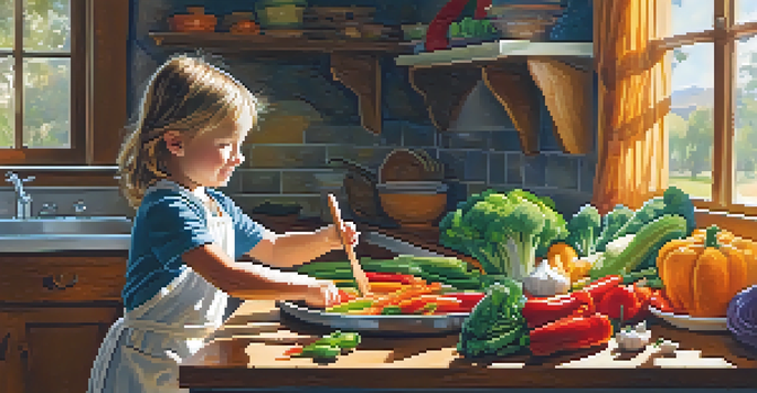 A child standing on a stool in a bright kitchen, helping to prepare a vegetable stir-fry with colorful vegetables on a cutting board.