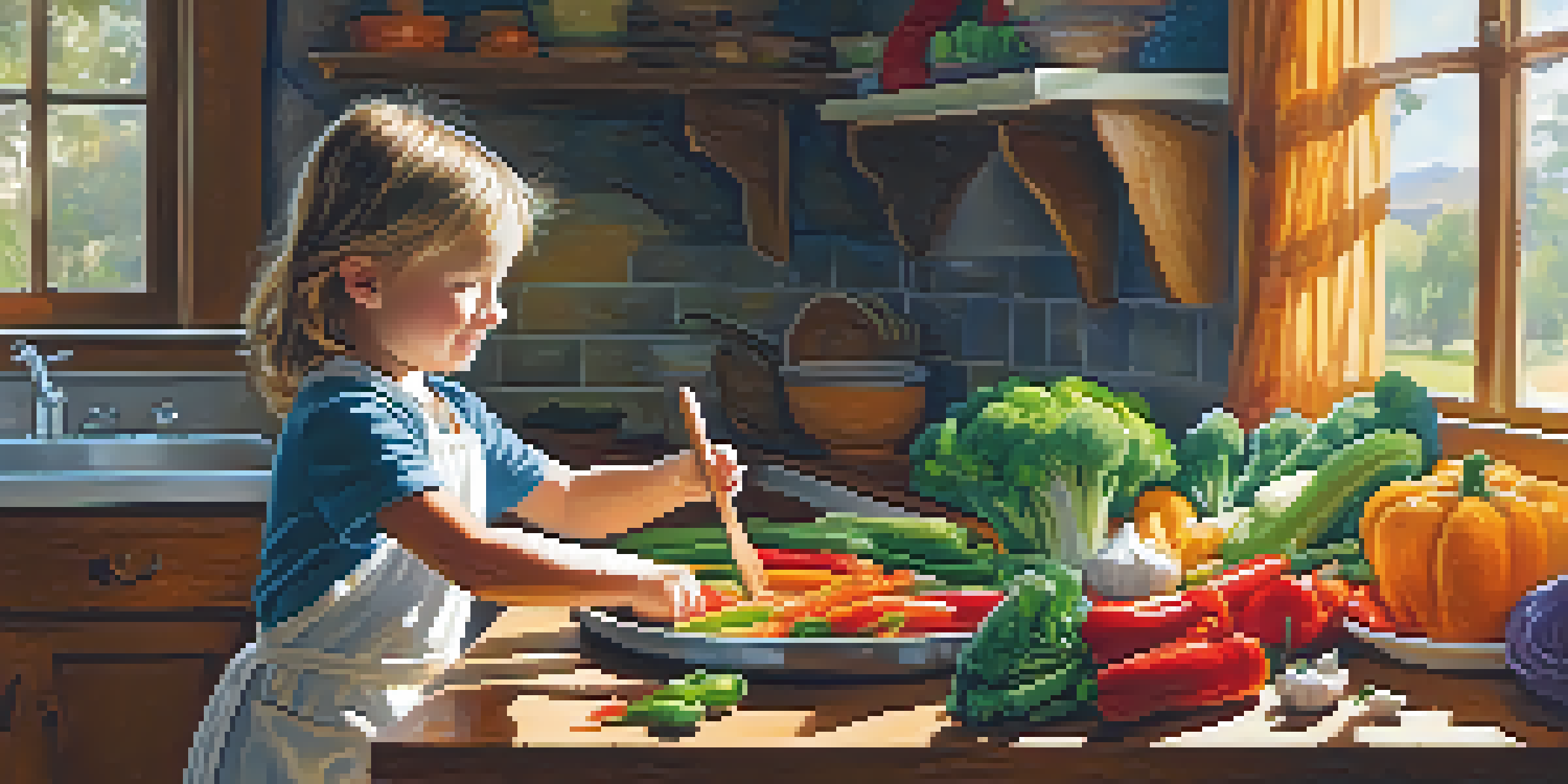 A child standing on a stool in a bright kitchen, helping to prepare a vegetable stir-fry with colorful vegetables on a cutting board.