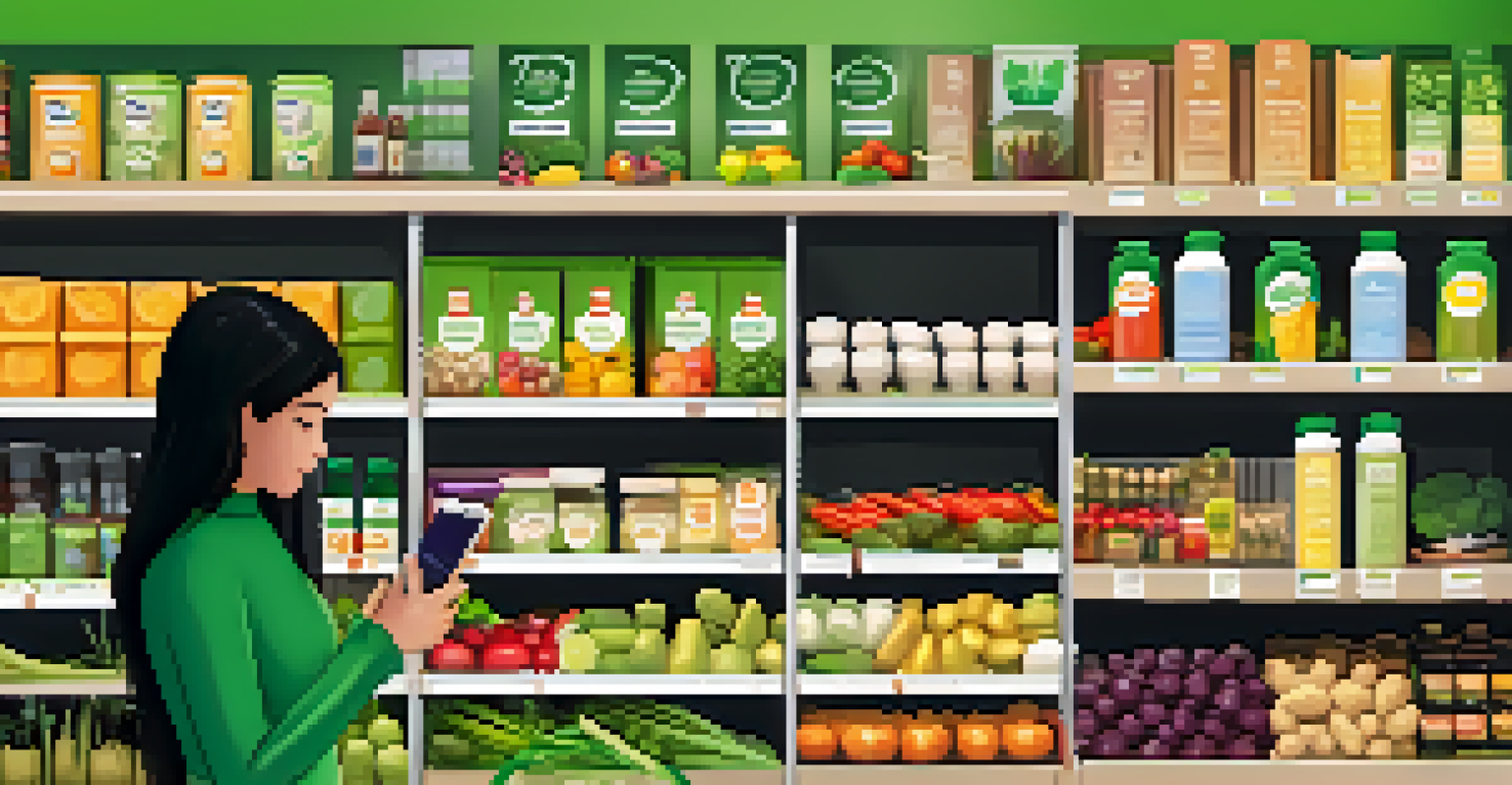 A person in a grocery store checking a vegetarian product using a smartphone app, with visible app interface and surrounding shelves.