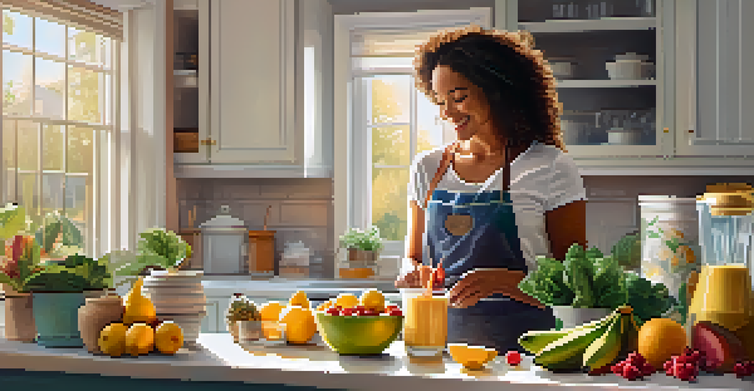 A vegan influencer making a smoothie in a cozy kitchen filled with fresh fruits and vegetables.