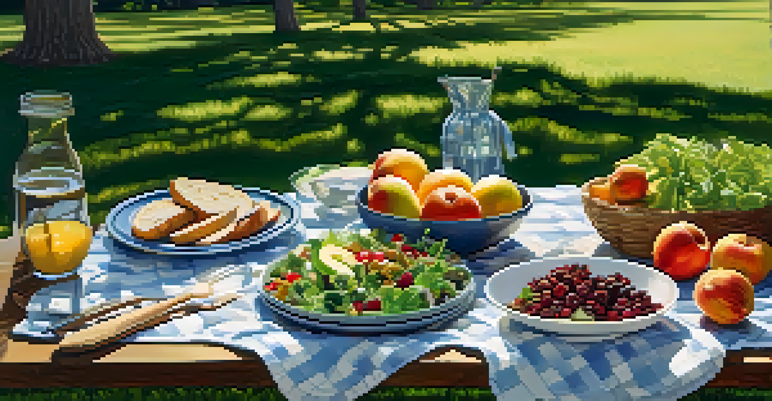 A picnic setup on grass with fresh salads, fruits, and nuts, surrounded by wildflowers and dappled sunlight.