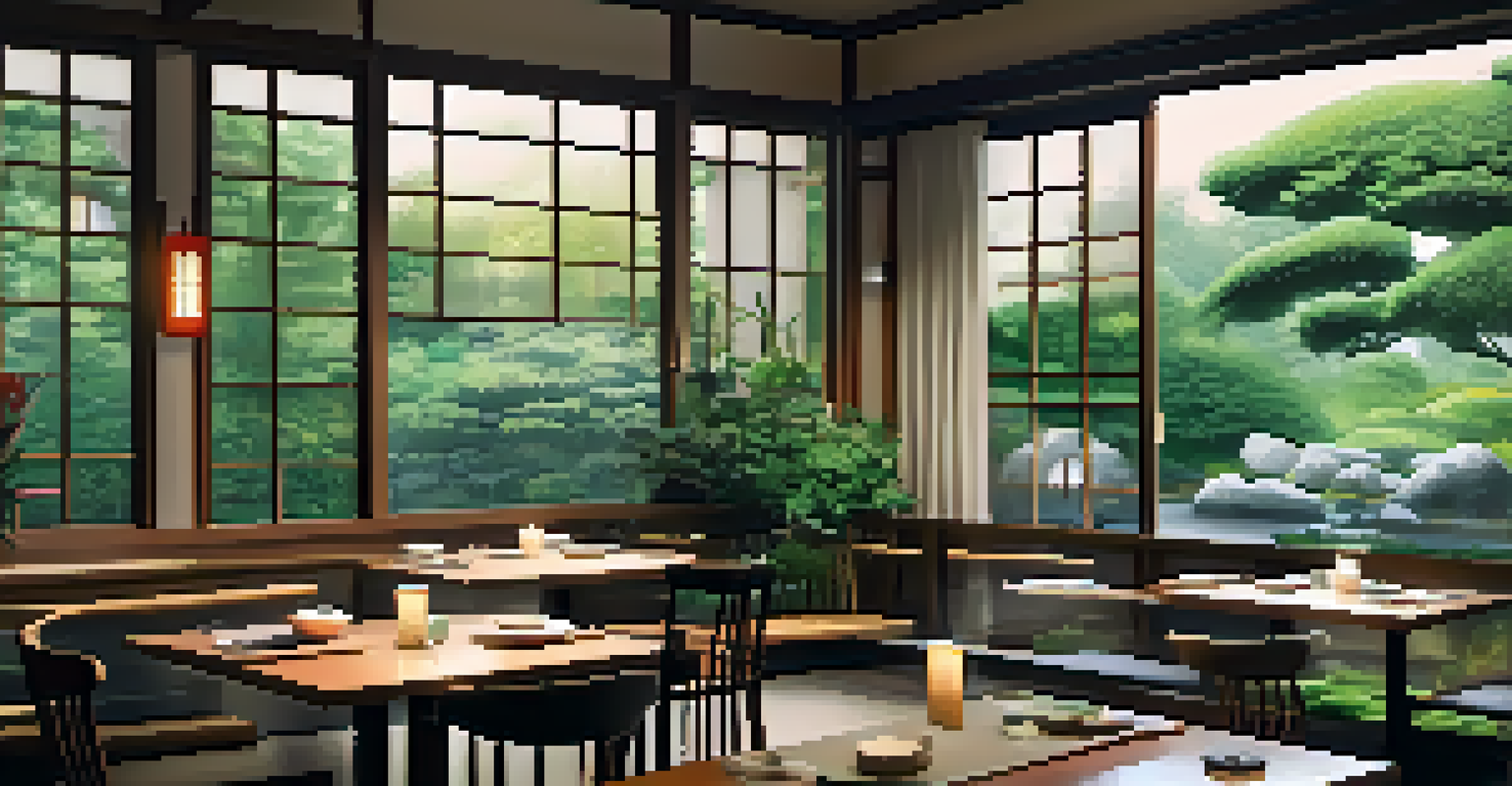 An elegant dining setup in a Tokyo restaurant with beautifully plated vegan dishes. The ambiance is serene with soft lighting and traditional decor, overlooking a lush garden.
