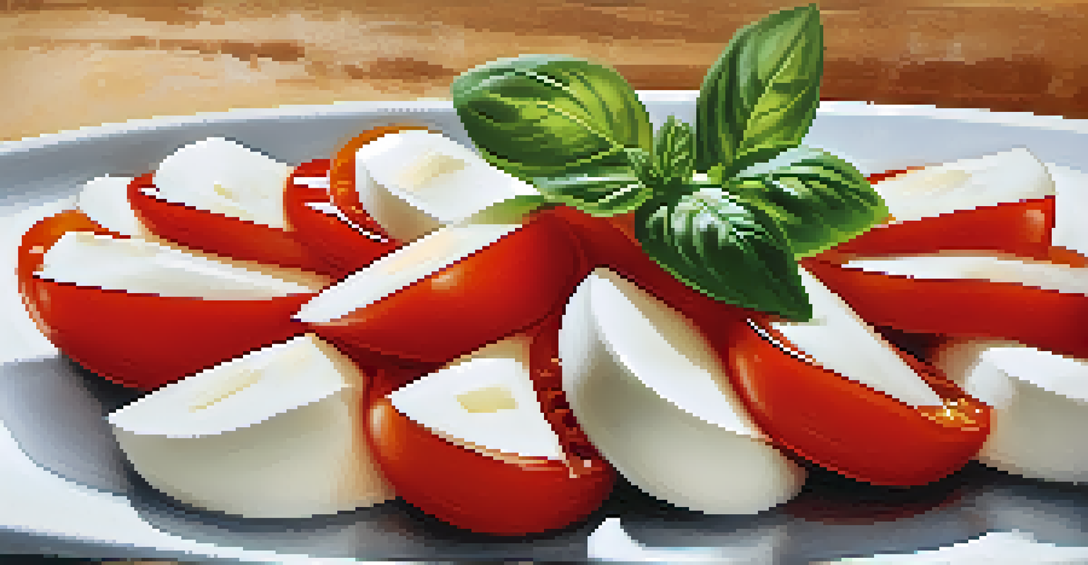 A beautifully arranged Caprese salad with tomatoes, mozzarella, and basil drizzled with olive oil on a white plate.