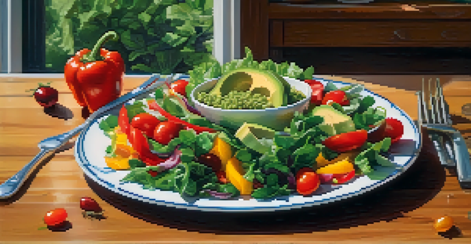 A colorful vegetarian salad on a wooden table with measuring cup and nutrition label, illuminated by soft natural light.