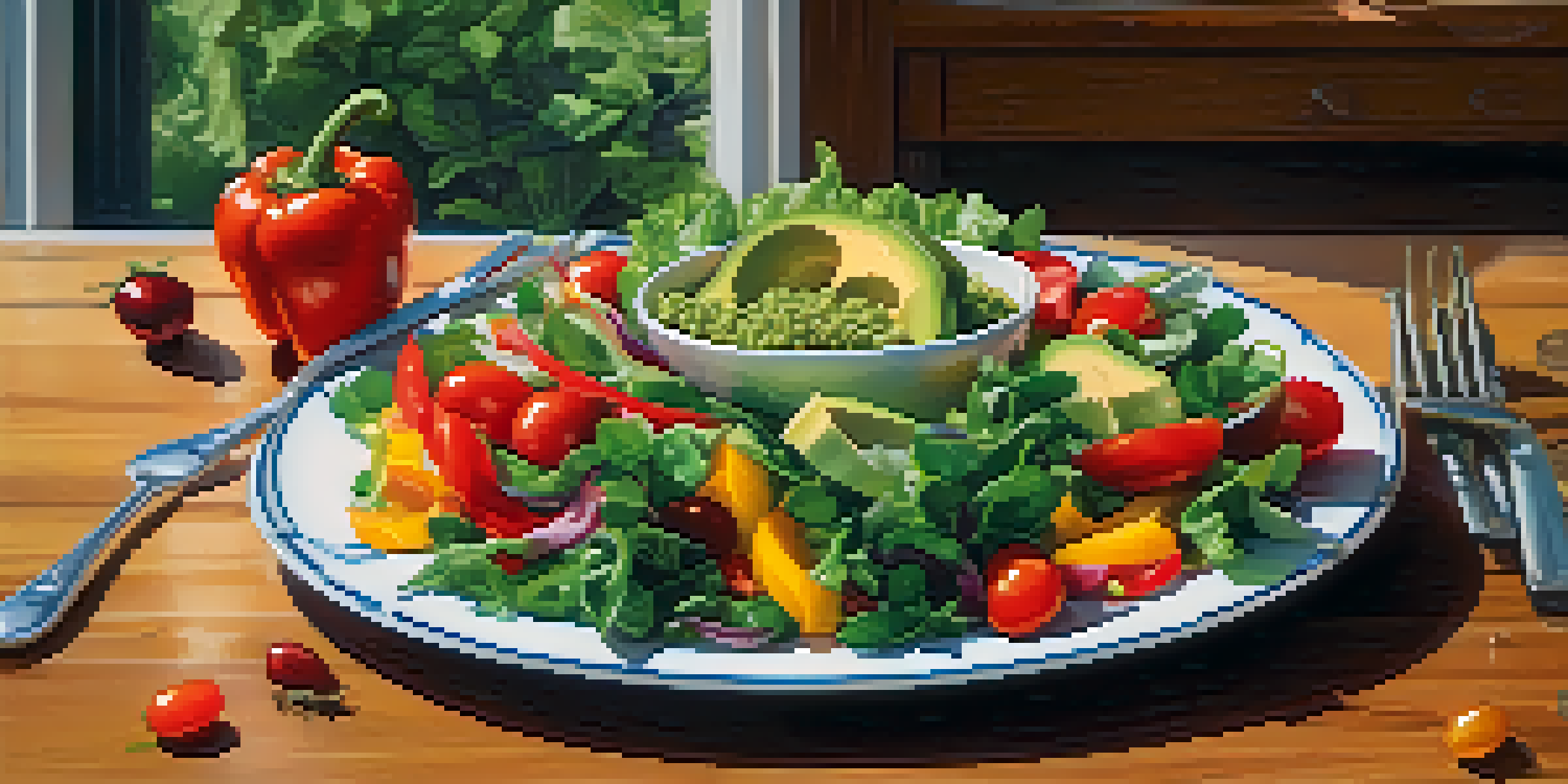 A colorful vegetarian salad on a wooden table with measuring cup and nutrition label, illuminated by soft natural light.