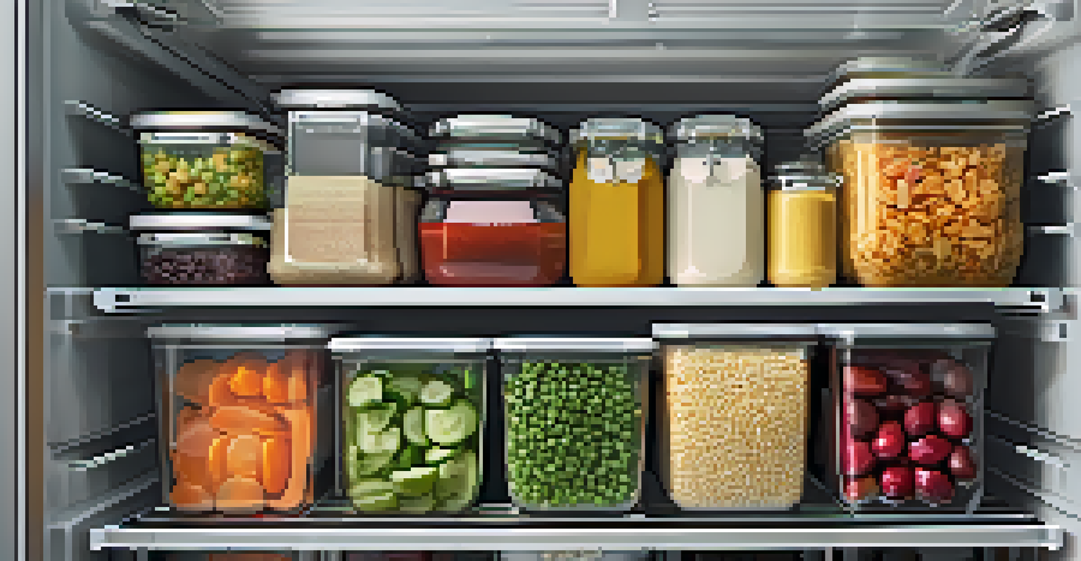 A close-up of a neatly organized fridge showcasing labeled glass containers filled with meal prepped seasonal dishes.