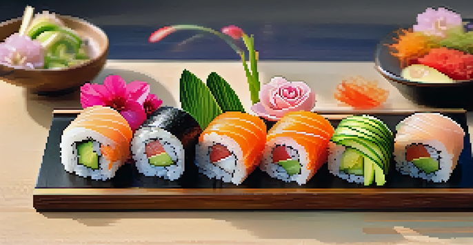 A colorful sushi platter with cucumber rolls and avocado nigiri arranged on a wooden board, decorated with cherry blossom petals.