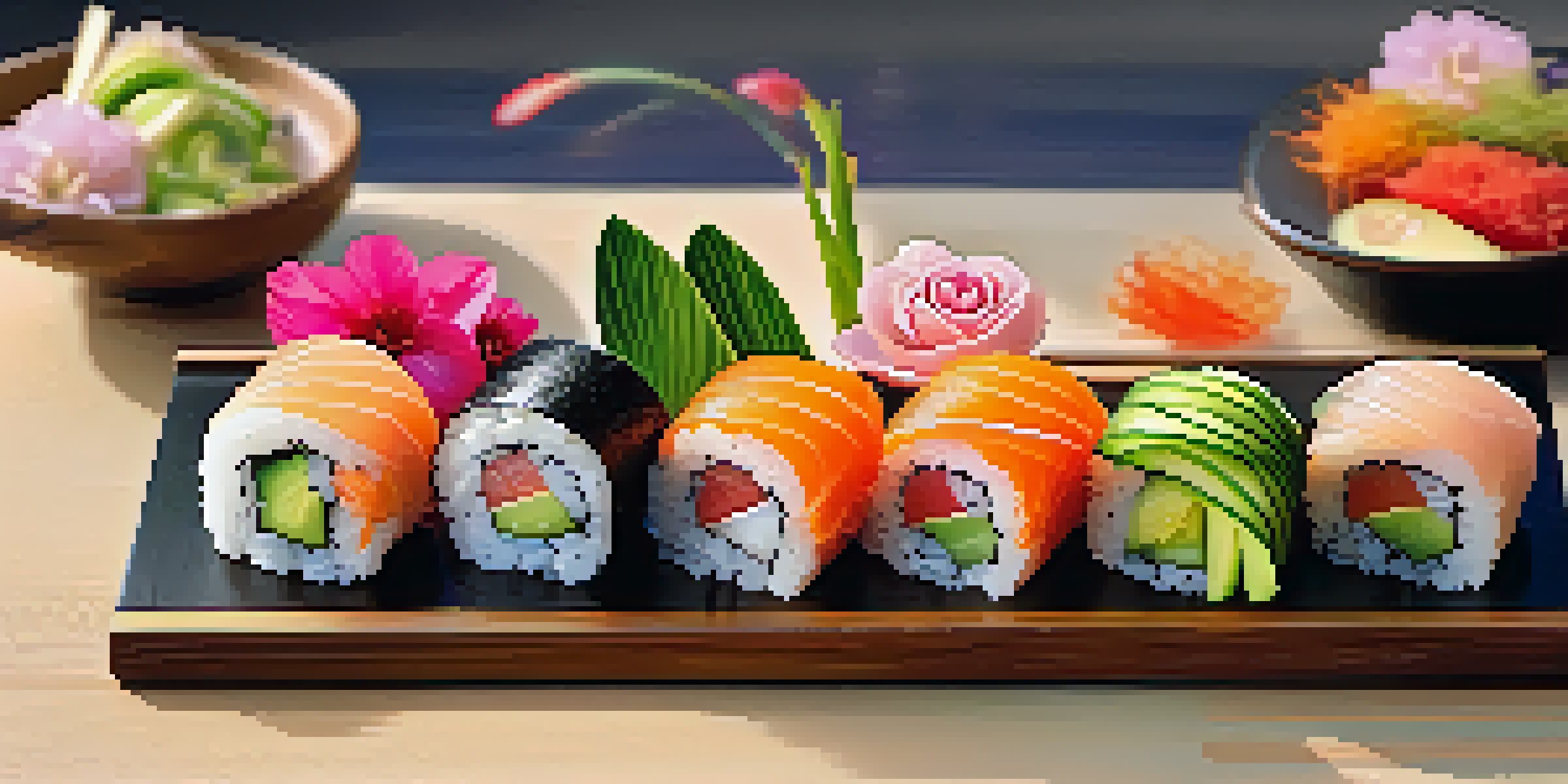 A colorful sushi platter with cucumber rolls and avocado nigiri arranged on a wooden board, decorated with cherry blossom petals.