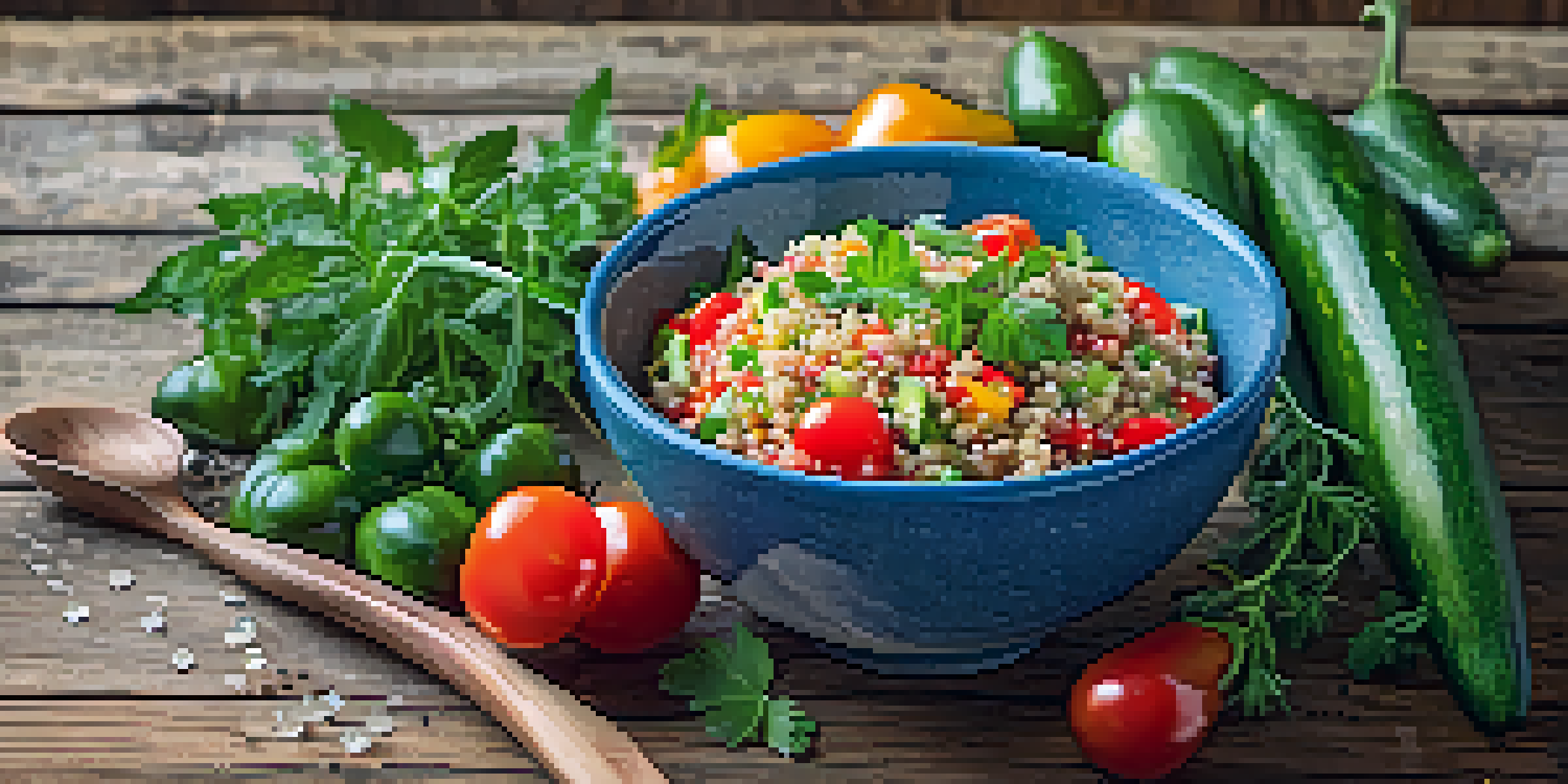 A colorful quinoa salad in a bowl with various vegetables and herbs on a wooden table, surrounded by greenery.