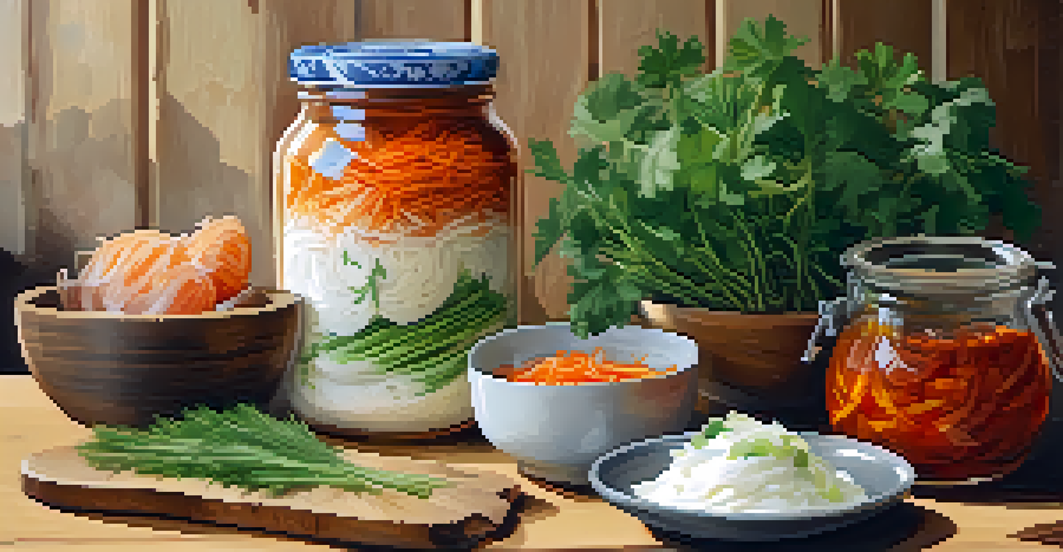 A collection of fermented foods like kimchi, sauerkraut, and yogurt on a kitchen counter, surrounded by herbs and spices.