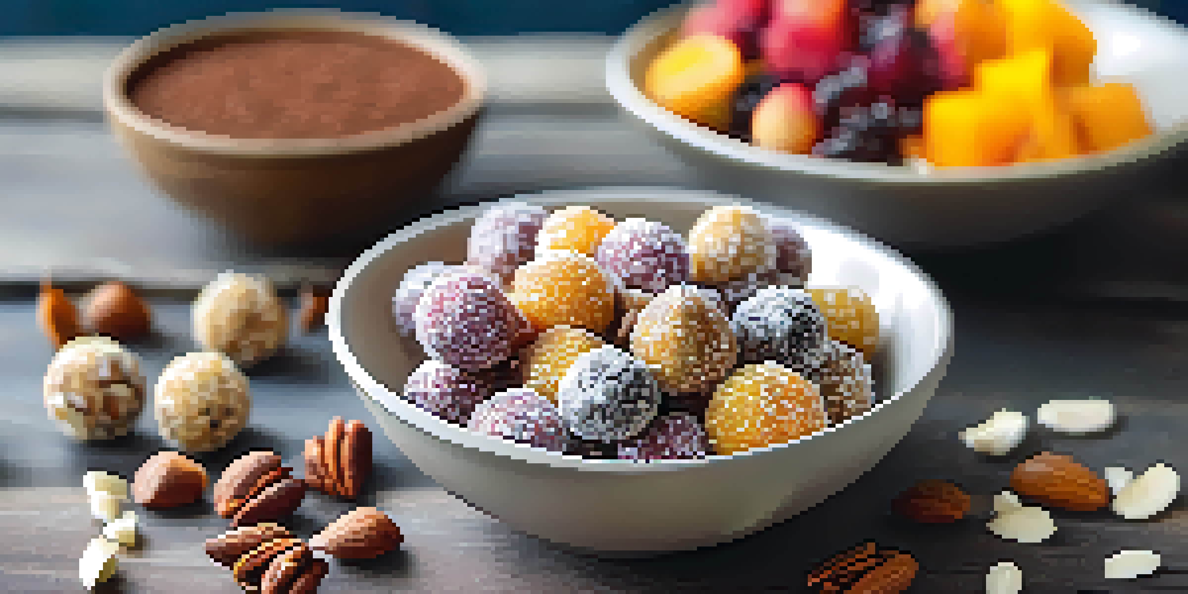 A colorful display of fruit and nut energy bites on a wooden table, surrounded by nuts and dried fruits, illuminated by soft natural light.