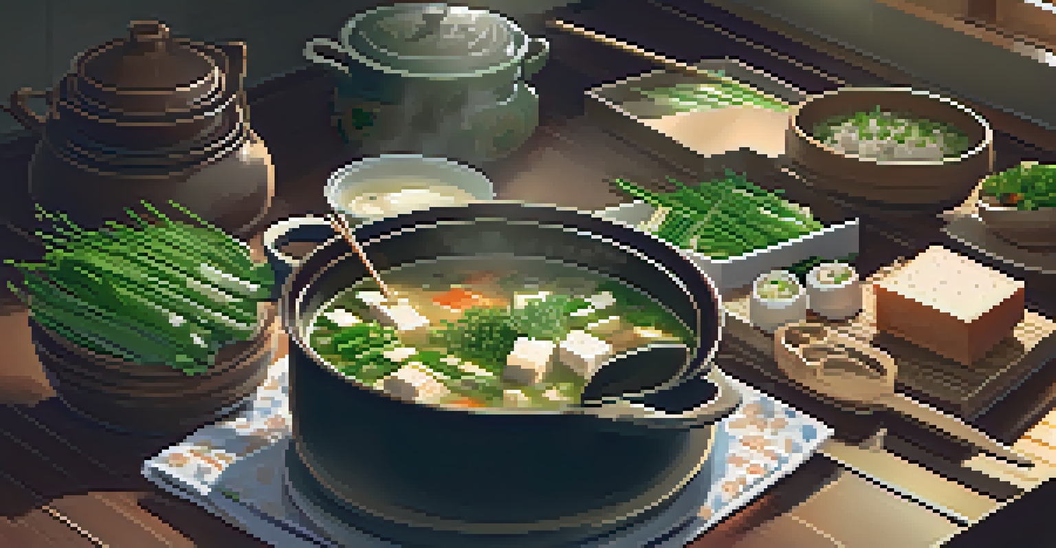 A pot of steaming miso soup on the stove, surrounded by fresh ingredients like green onions and tofu, in a warm kitchen setting.