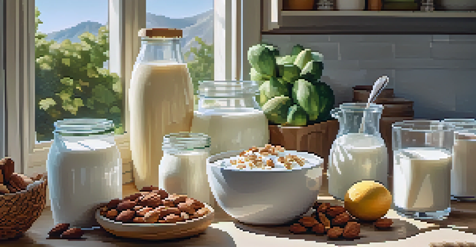 A bright kitchen with various plant-based dairy alternatives like almond milk and coconut yogurt on a wooden countertop, surrounded by fresh fruits and nuts.